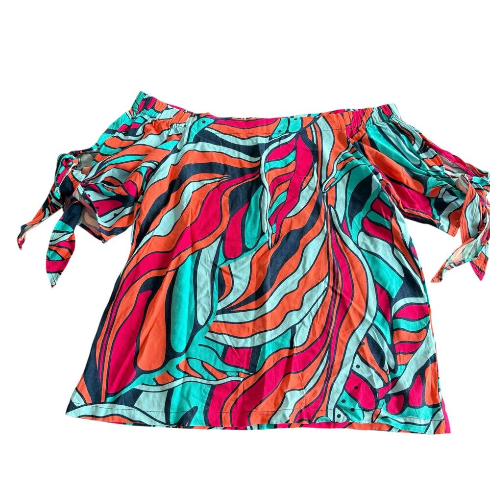 Escapada Women's off the shoulder top, teal, orange, pink pattern, Size M